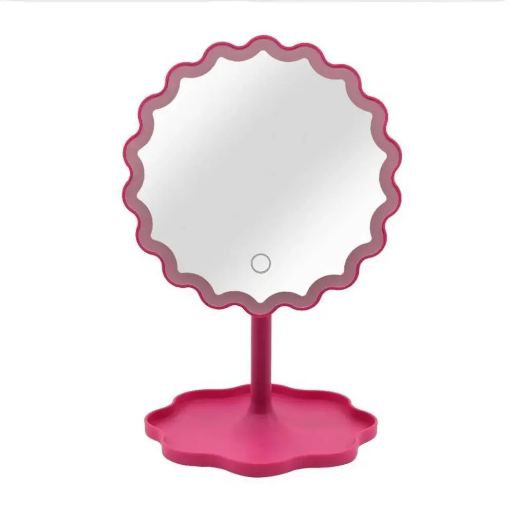 Teen Home LED Vanity Mirror Wavy Border Catchall Tray Dark Pink Battery Operated